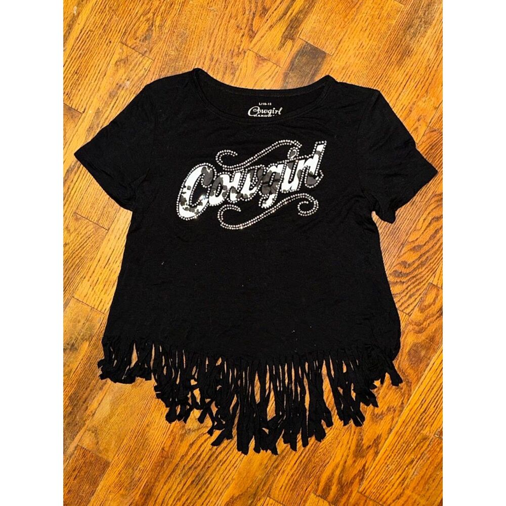 Cowgirl Hardware Black Cowprint "Cowgirl" Fringe Shirt Size Large 10-12